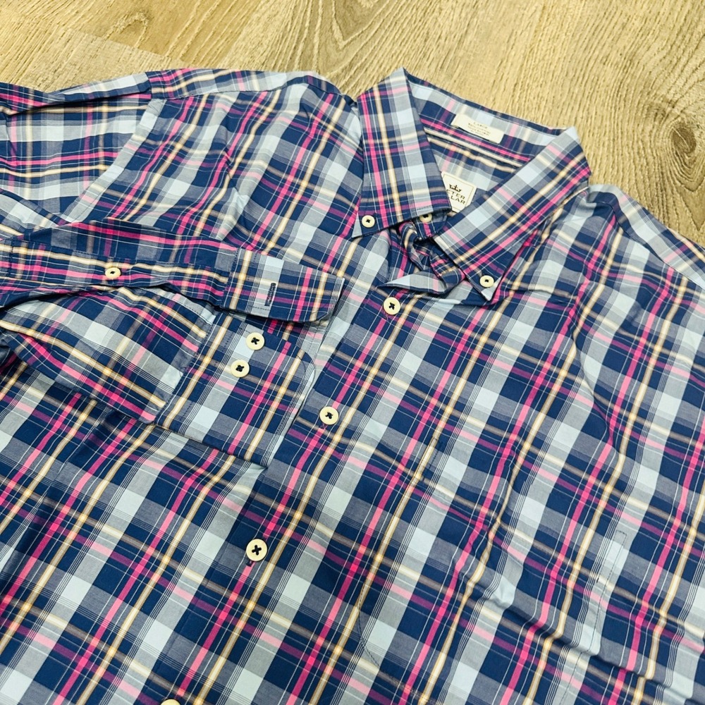 Peter Millar Shirt Mens Large Blue Pink Plaid Cotton Long Sleeve Casual Shirt